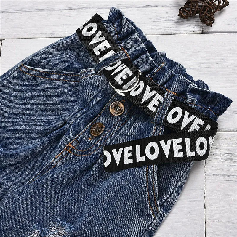 Short Sleeve T-Shirt And Ripped Jeans With Belt Set