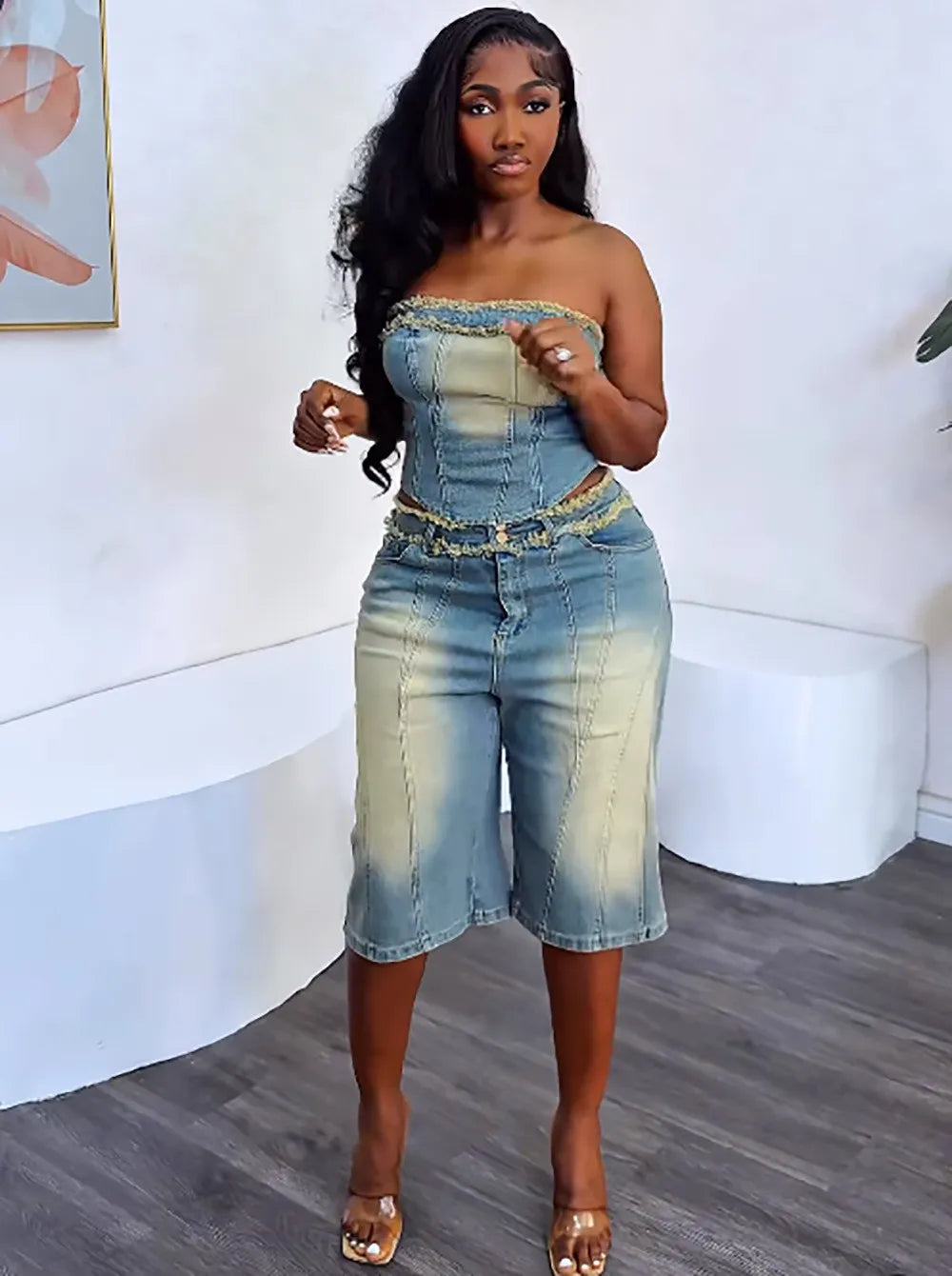 Raw Edge Wrap Top Shorts Denim Suit