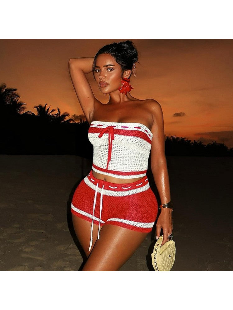Woolen Striped Lace-up Tube Short Set