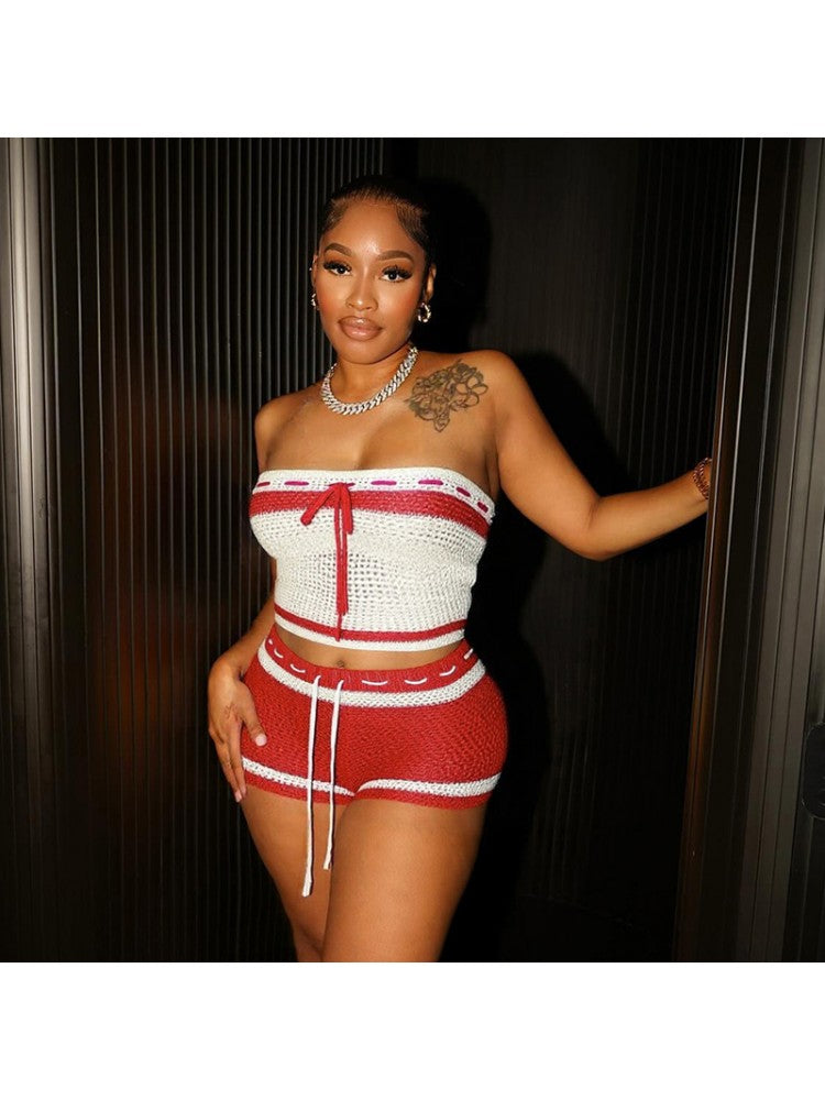 Woolen Striped Lace-up Tube Short Set