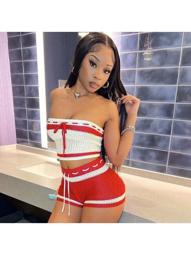 Woolen Striped Lace-up Tube Short Set