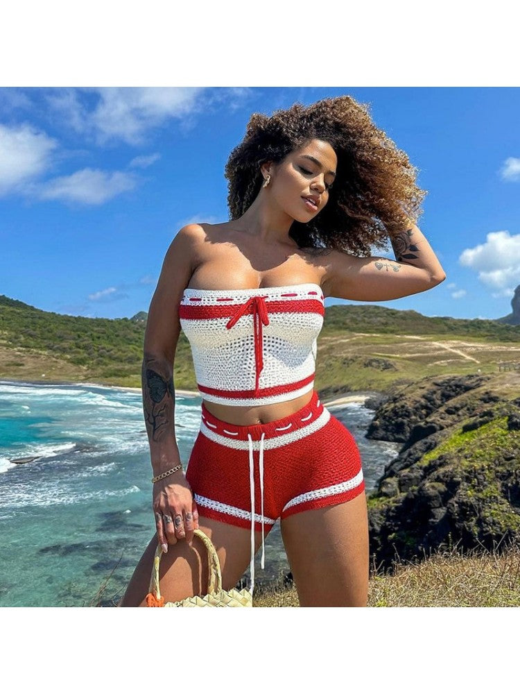 Woolen Striped Lace-up Tube Short Set
