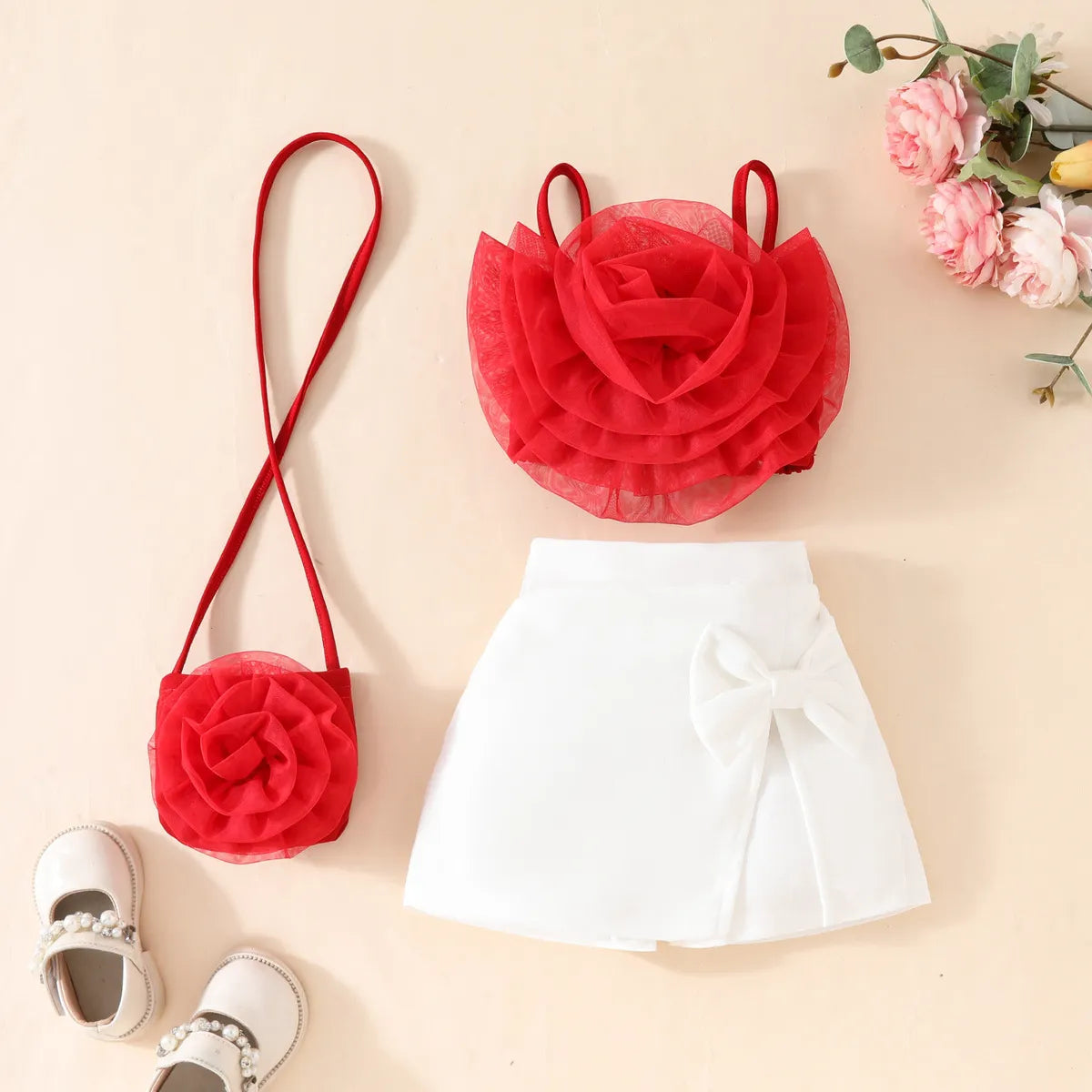 Three-Piece Floral Top And Shorts And Bag Sets