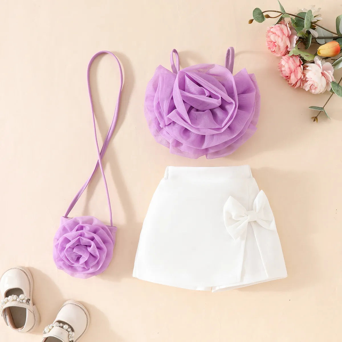 Three-Piece Floral Top And Shorts And Bag Sets