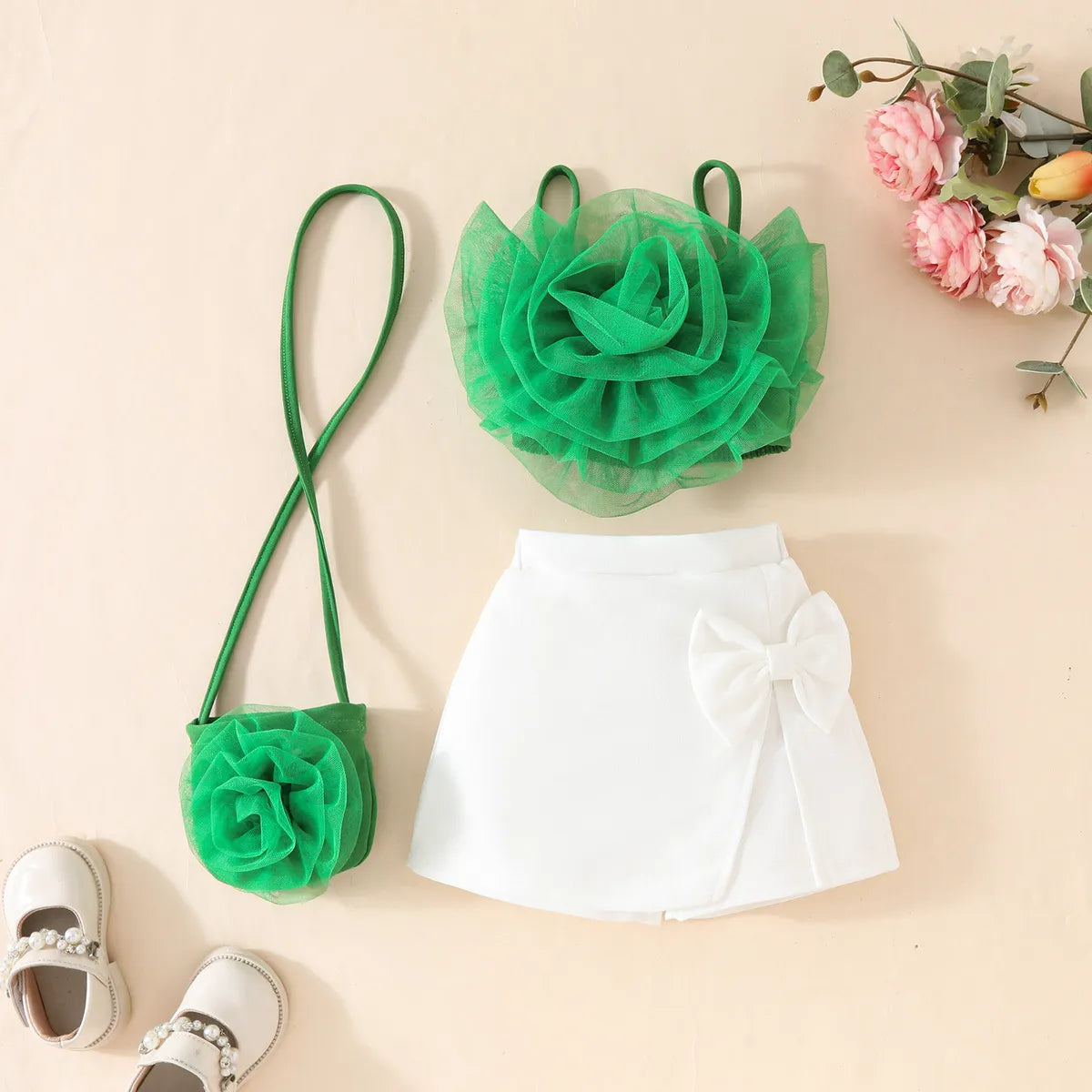 Three-Piece Floral Top And Shorts And Bag Sets