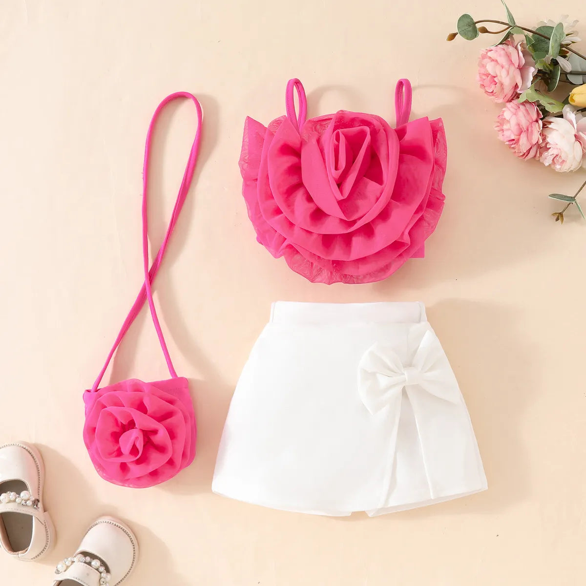 Three-Piece Floral Top And Shorts And Bag Sets