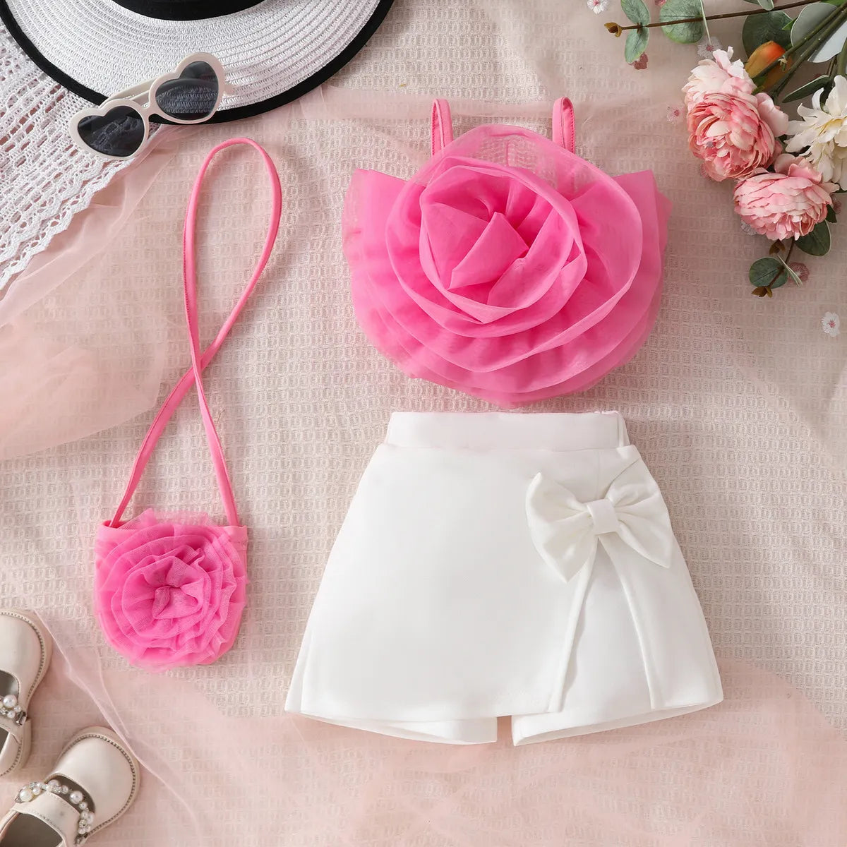 Three-Piece Floral Top And Shorts And Bag Sets