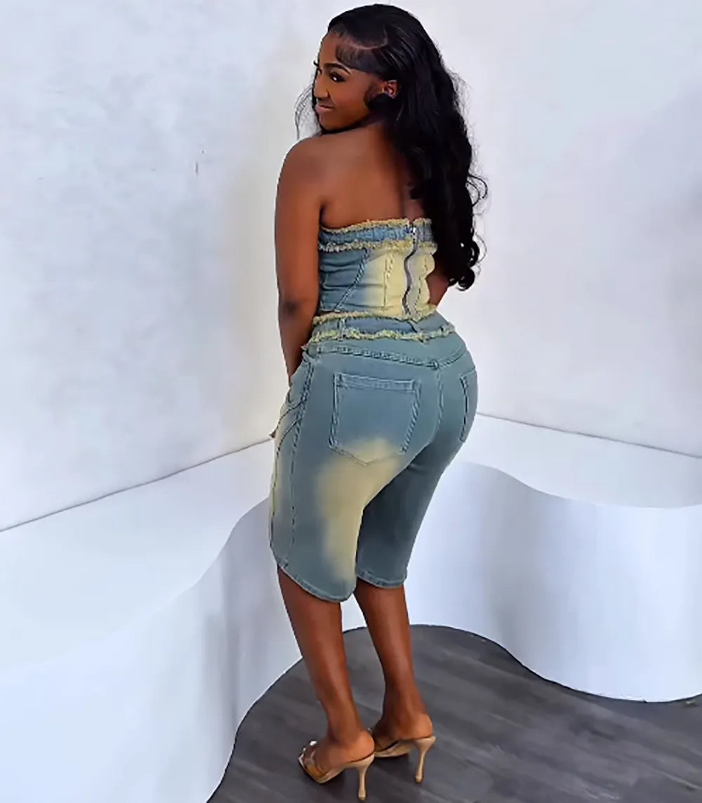 Raw Edge Wrap Top Shorts Denim Suit