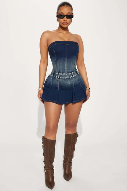 Denim Washed One Shoulder Mini Dress
