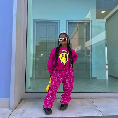 Grils Print Long Sleeve Sweatshirt Pants Suit
