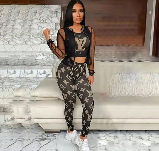 Mesh jacket printed long-sleeved temperament tight vest three-piece set