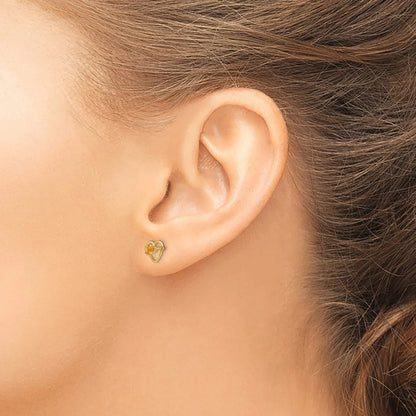14KT Yellow Gold 3MM Round Citrine 6MM Heart Childrens Birthstone Earrings