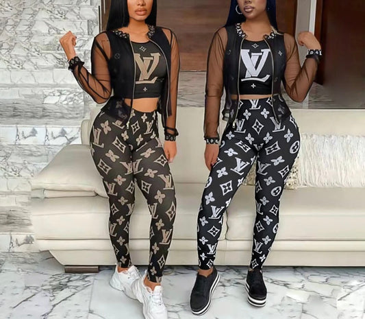 Mesh jacket printed long-sleeved temperament tight vest three-piece set
