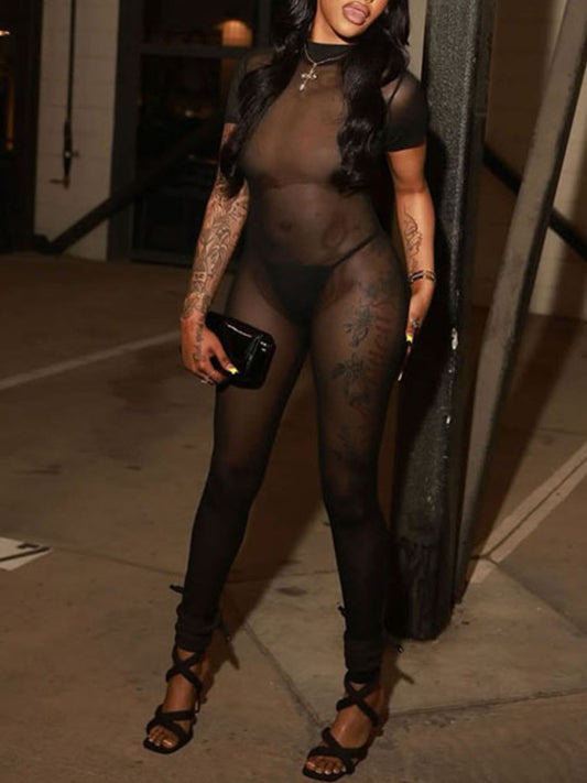 See Through Solid Color Jumpsuit