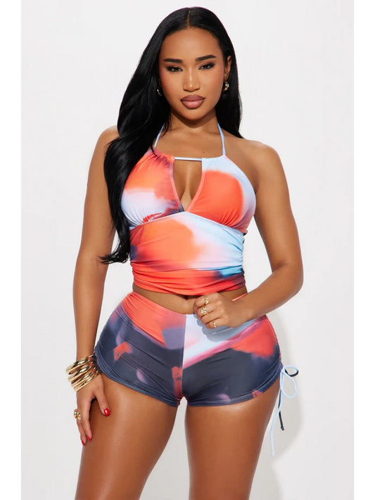 Colorblock Halter Lace-Up Ruched Short Sets