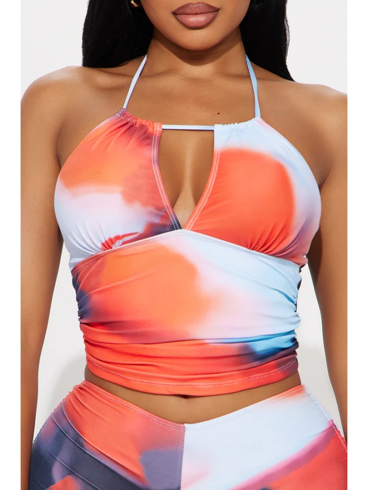 Colorblock Halter Lace-Up Ruched Short Sets