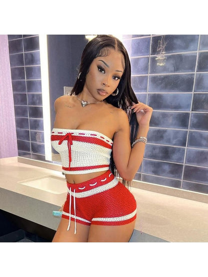 Woolen Striped Lace-up Tube Short Set