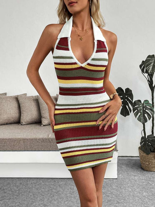 Knitted Striped Lapel Halter Backless Mini Dress