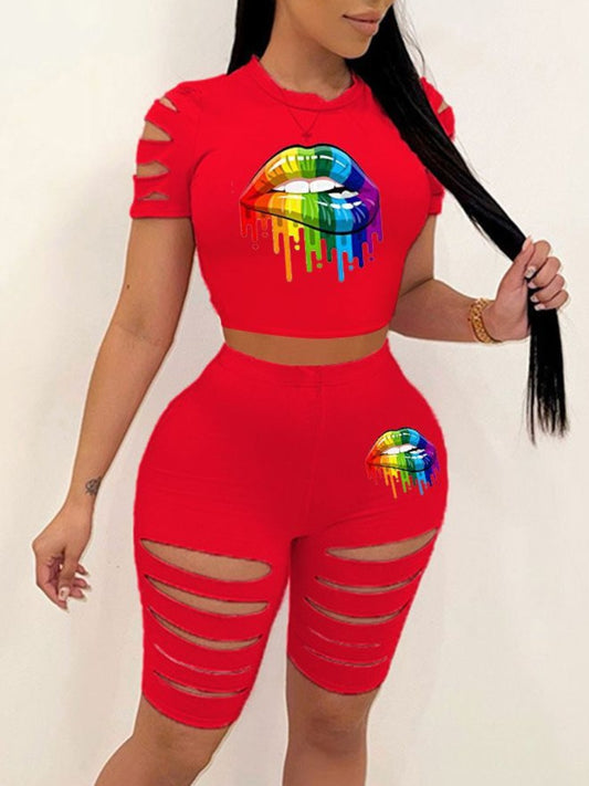 Ripped Lip Print Short Sleeve Two-piece Shorts Set