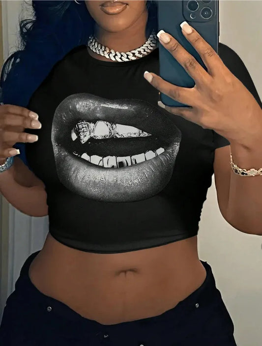 Lips Short Sleeve Crop Tops