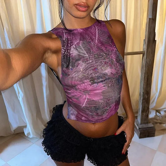 O Neck Sleeveless Print Hot Drill Crop Tops