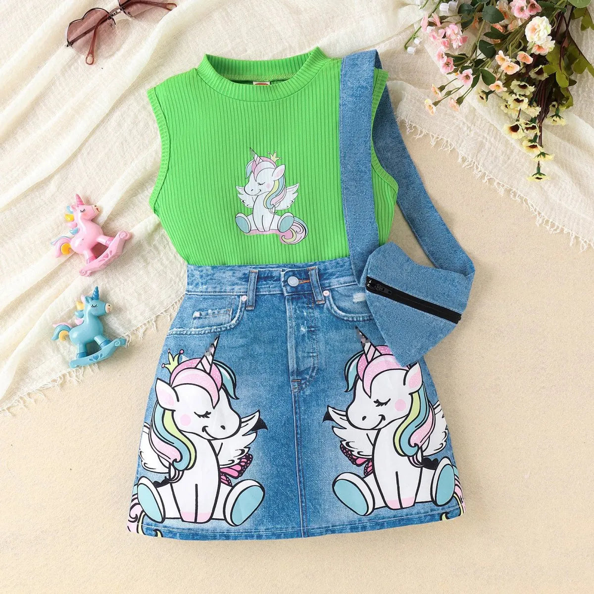Unicorn Printed Sleeveless Top And Two-Piece Denim Skirt Set