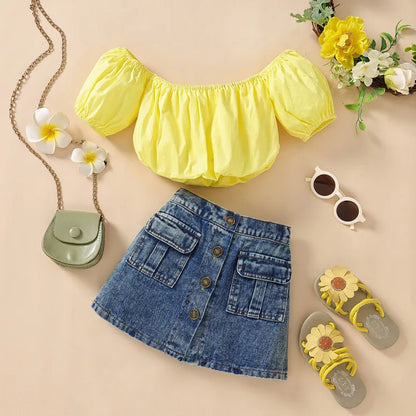 Short Sleeve Tube Top And Denim Skirt 2pcs Set