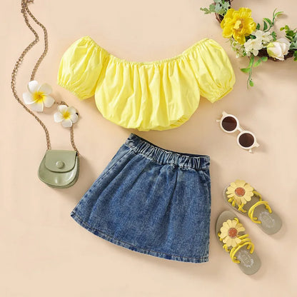 Short Sleeve Tube Top And Denim Skirt 2pcs Set