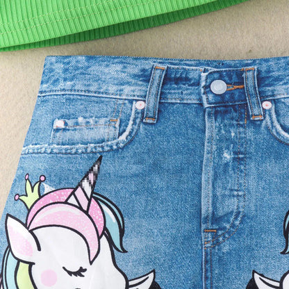 Unicorn Printed Sleeveless Top And Two-Piece Denim Skirt Set